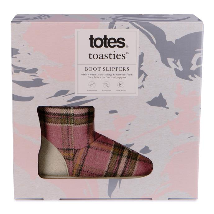 totes toasties® Ladies Tartan Check Boot Slippers Pink Extra Image 7